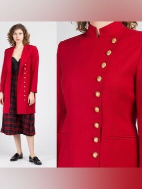 Vintage Ralph Lauren Red Military-Button Pea Coat